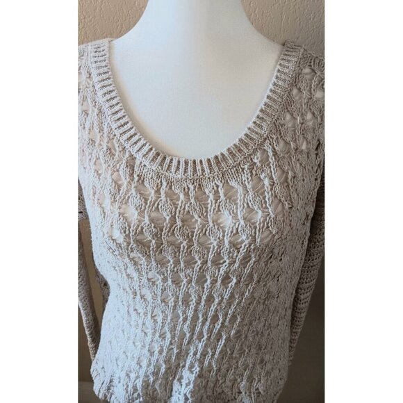 3/10 Hollister Open Knit Crochet Light Sweater L Beige Oatmeal Cozy Beachy Boho - Picture 3 of 10
